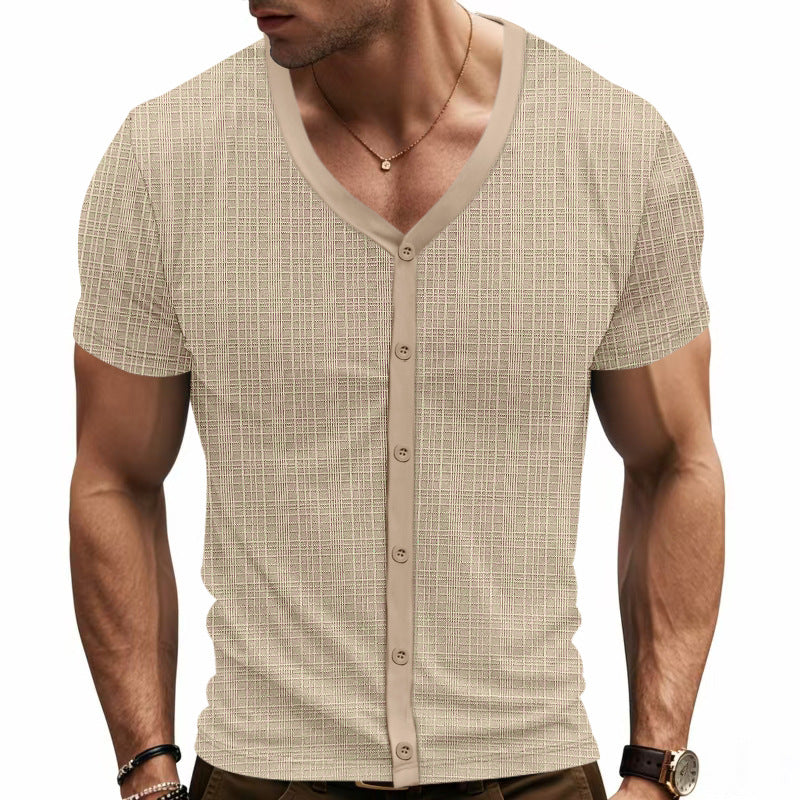 Men's short-sleeve fine knit cardigan with V-neck and continuous button placket StylebySassy