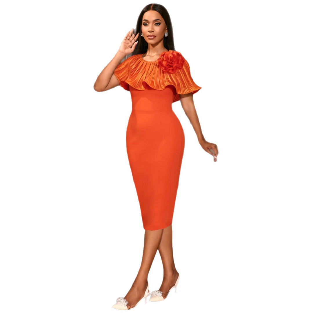 Women's form-fitting dress with voluminous collar and floral appliqué StylebySassy