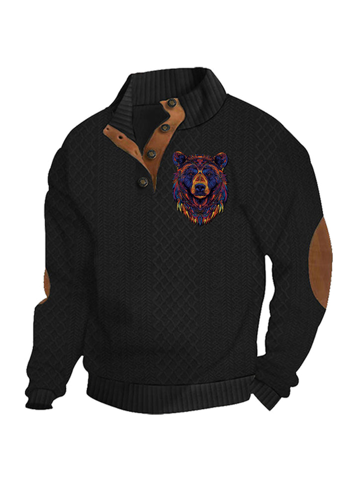 Men's nan Heritage textured pullover with stand-up collar faux leather trim elbow patches and half-button placket StylebySassy