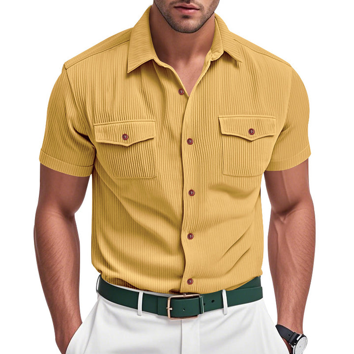 Men's casual short-sleeve shirt with lapel collar, patch flap pockets and fine pinstripe texture StylebySassy