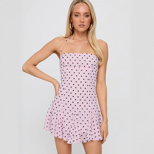 Women's strapless halter mini dress with fitted corset and flared ruffle skirt StylebySassy