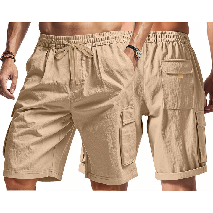 Men's knee-length utility shorts made of lightweight cotton blend with elastic drawstring waistband and patch flap pockets StylebySassy