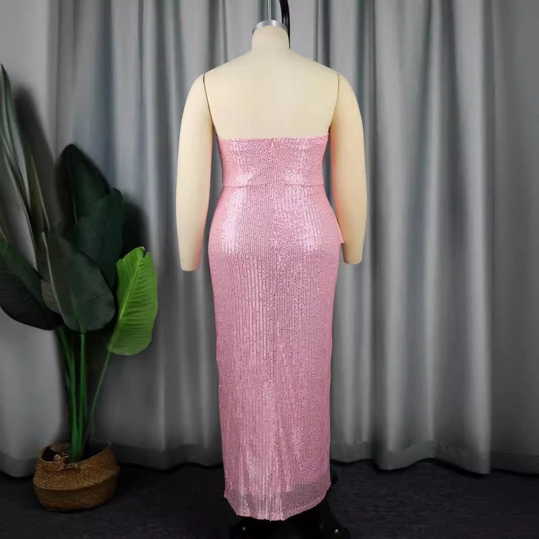 Women's glittering evening dress with asymmetric design and extravagant ruffles StylebySassy