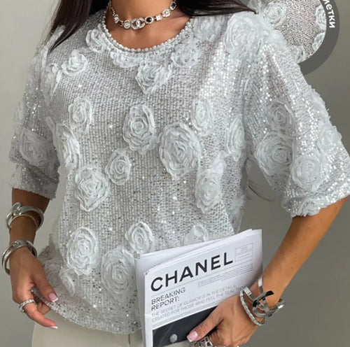 Women nan elegant sequin blouse with three-dimensional rose appliqués, round neckline and half-length sleeves StylebySassy