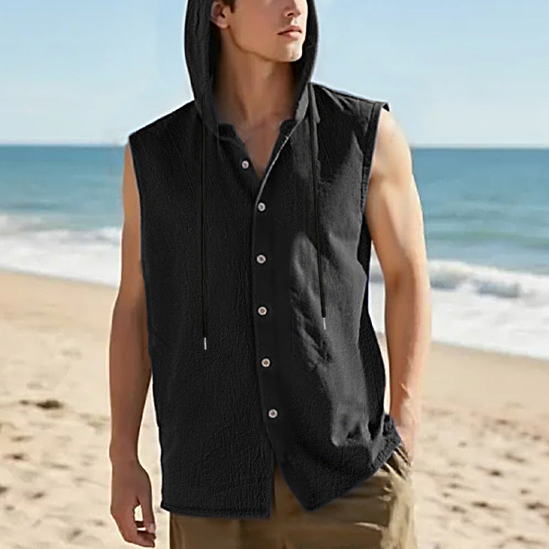Men's sleeveless hooded shirt in linen look with wooden button placket StylebySassy