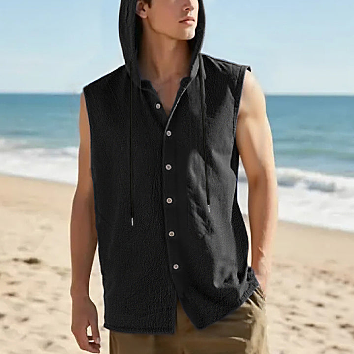 Men's sleeveless hooded shirt in linen look with wooden button placket StylebySassy
