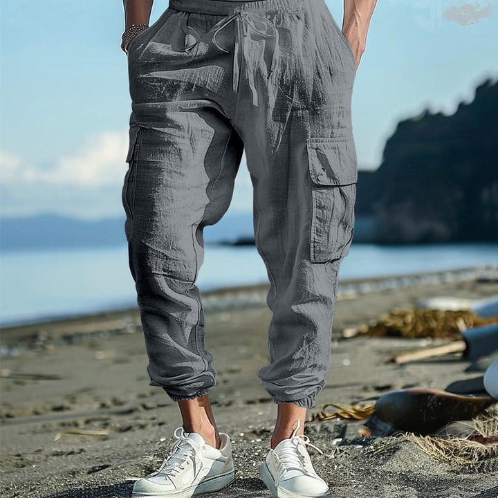 Men's Casual Linen Cargo Joggers with Drawstring Waist, Large Flap Pockets and Elastic Ankle Cuffs StylebySassy
