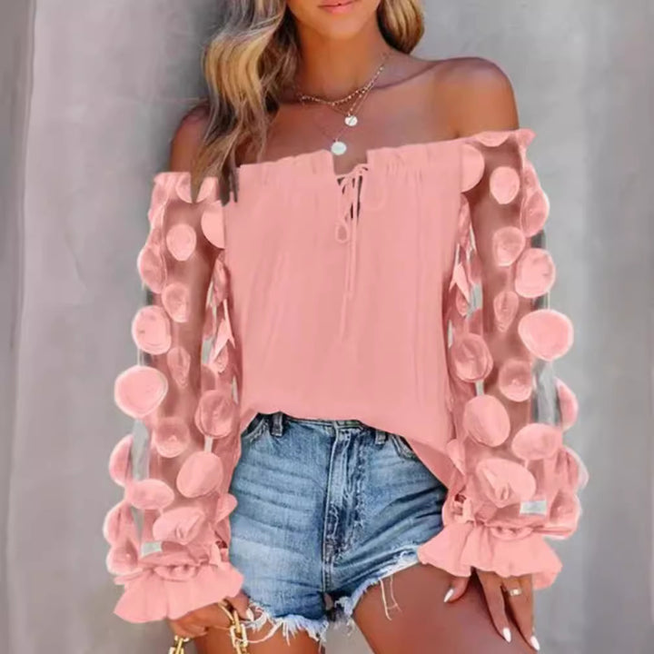 Women off-shoulder Carmen top with transparent organza sleeves, circular appliqués and ruffle cuffs StylebySassy