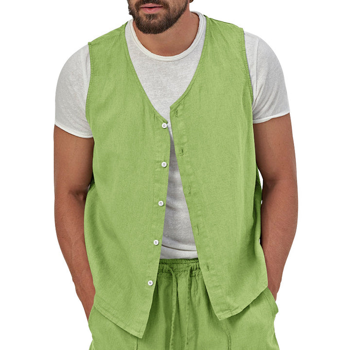 Men's casual sleeveless shirt waistcoat made of linen-cotton blend with V-neck and full button placket StylebySassy