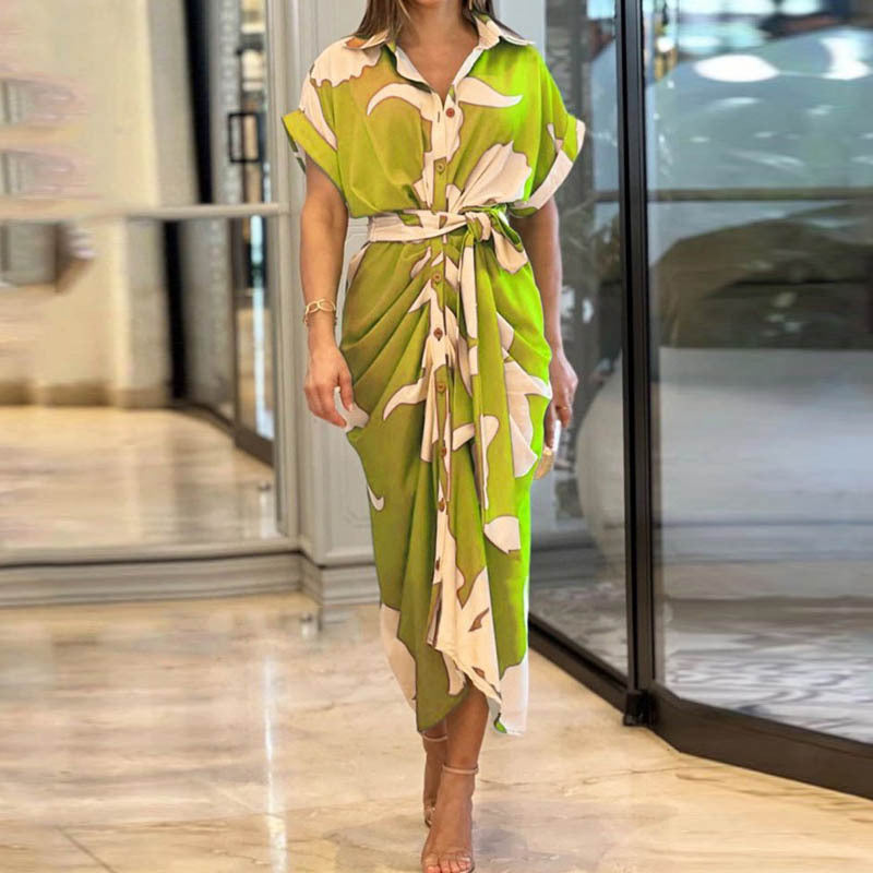 Women’s draped shirt midi dress with waist tie belt, side draping and button placket StylebySassy