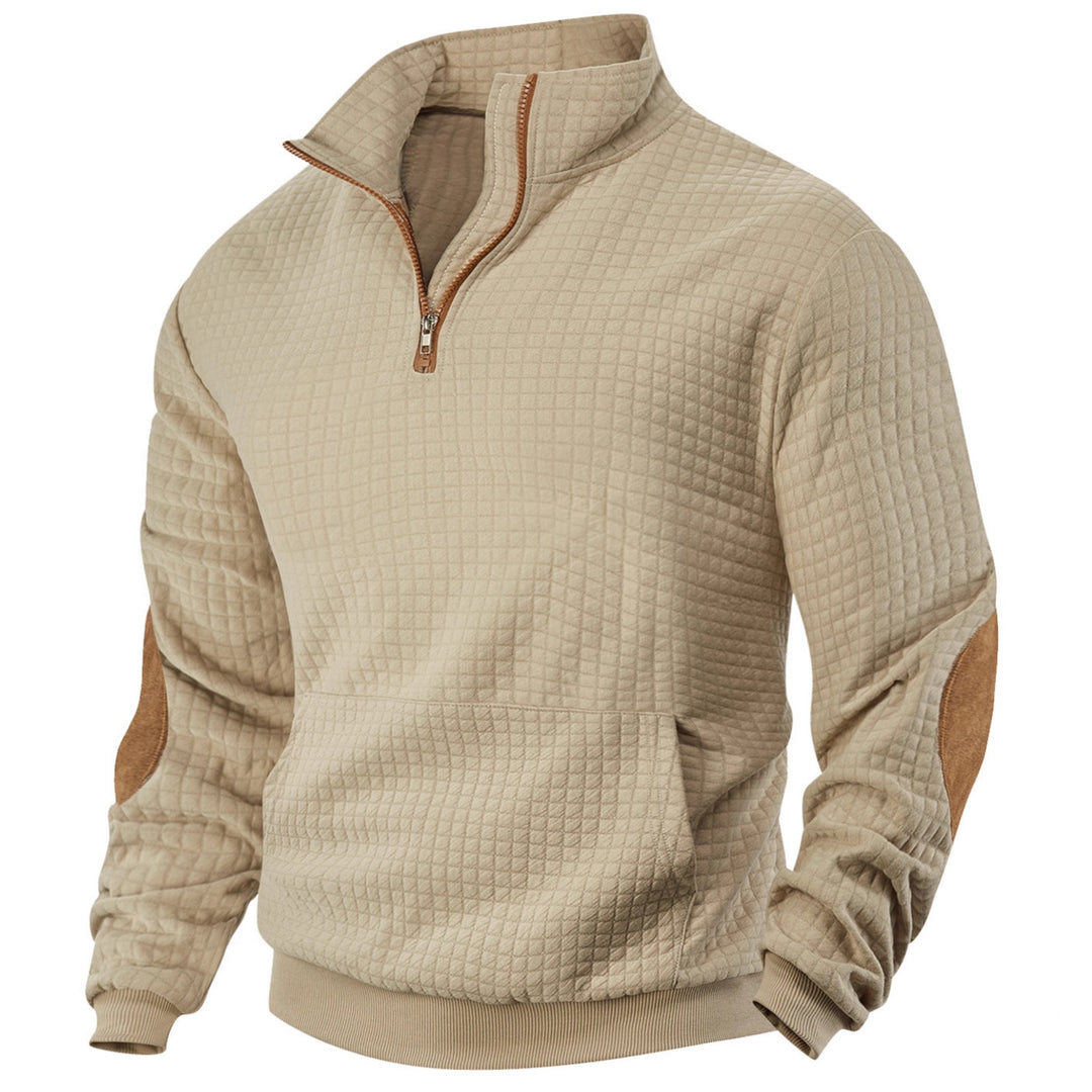 Men's waffle texture half-zip with stand-up collar, kangaroo pocket, and suede look elbow patches StylebySassy