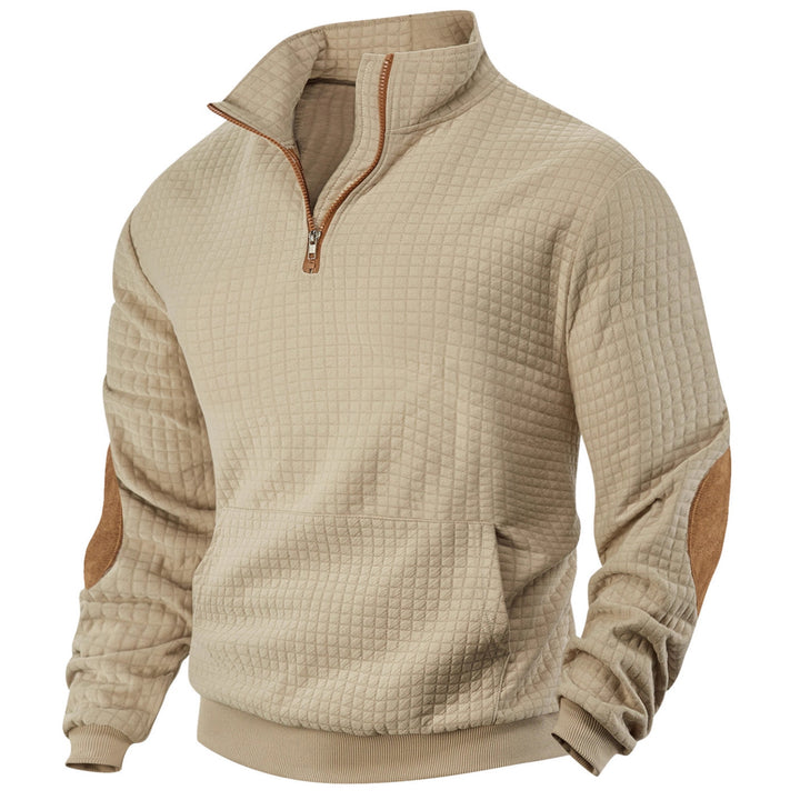 Men's waffle texture half-zip with stand-up collar, kangaroo pocket, and suede look elbow patches StylebySassy