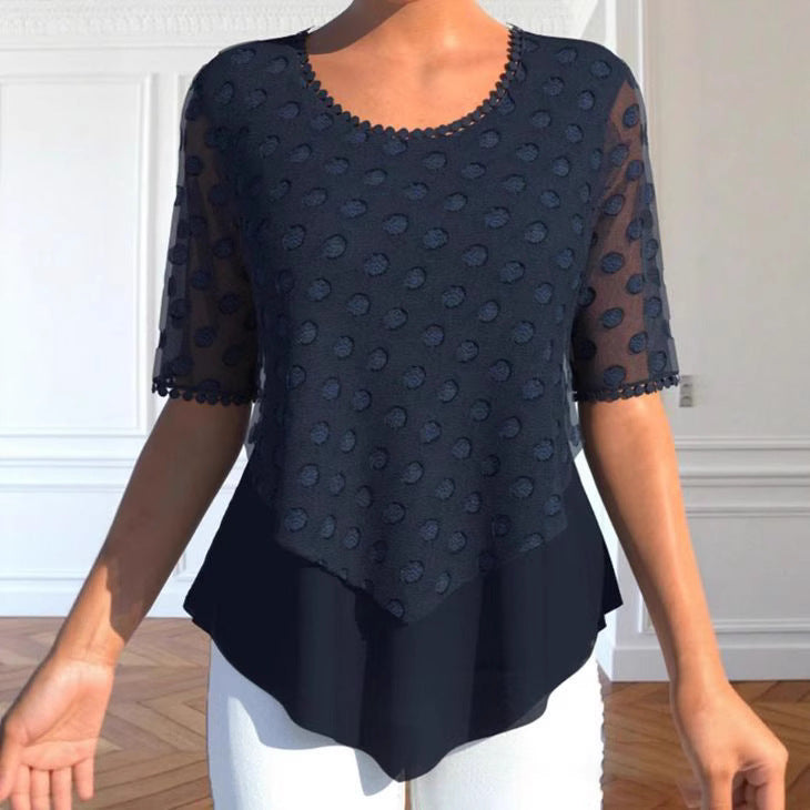 Ladies tulle blouse with embroidered dots, semi-transparent sleeves and asymmetrical tiered hem StylebySassy
