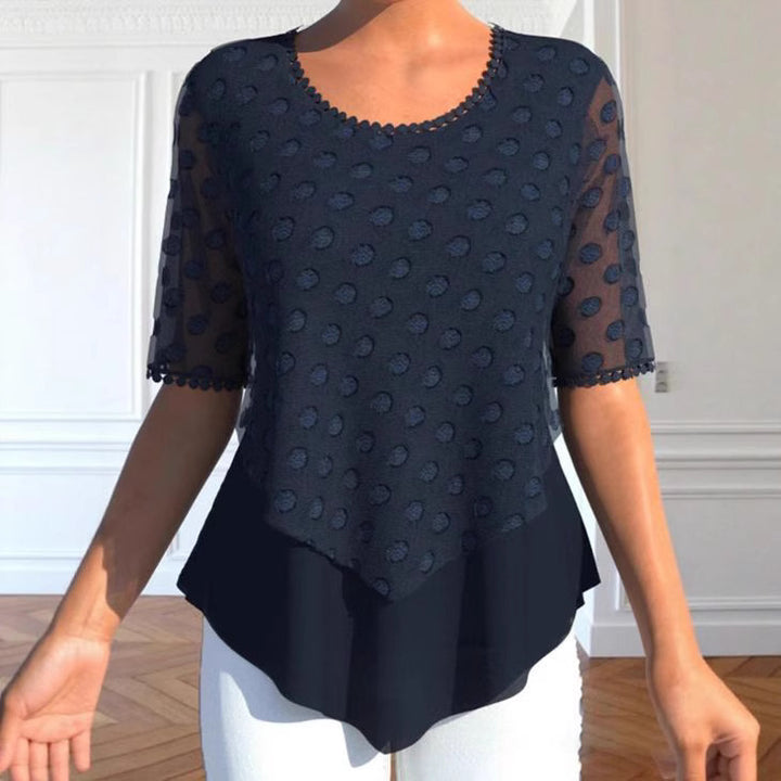 Ladies tulle blouse with embroidered dots, semi-transparent sleeves and asymmetrical tiered hem StylebySassy