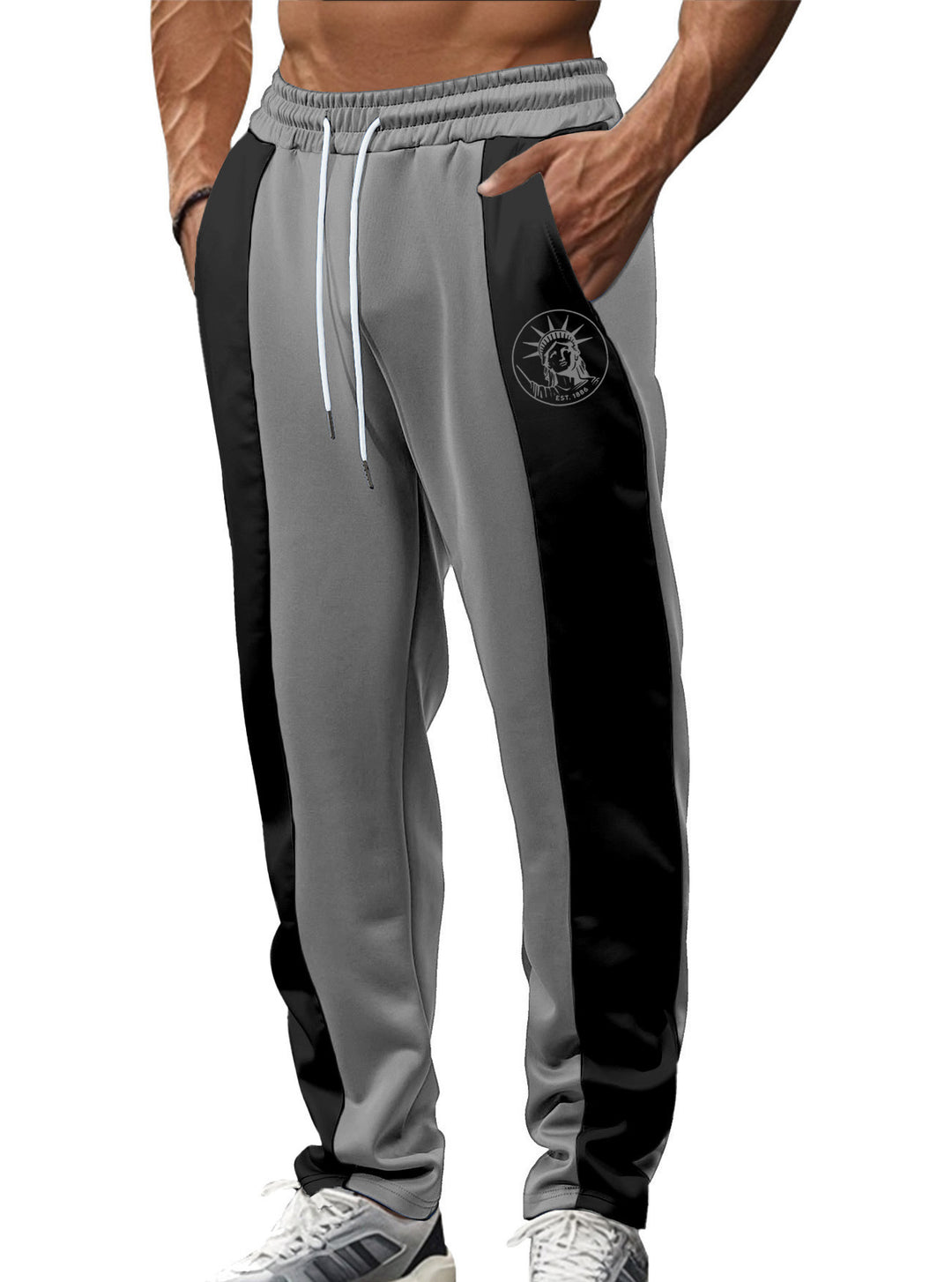 Men's sporty track pants with side contrast stripes, elastic waistband, drawstring, and deer embroidery StylebySassy