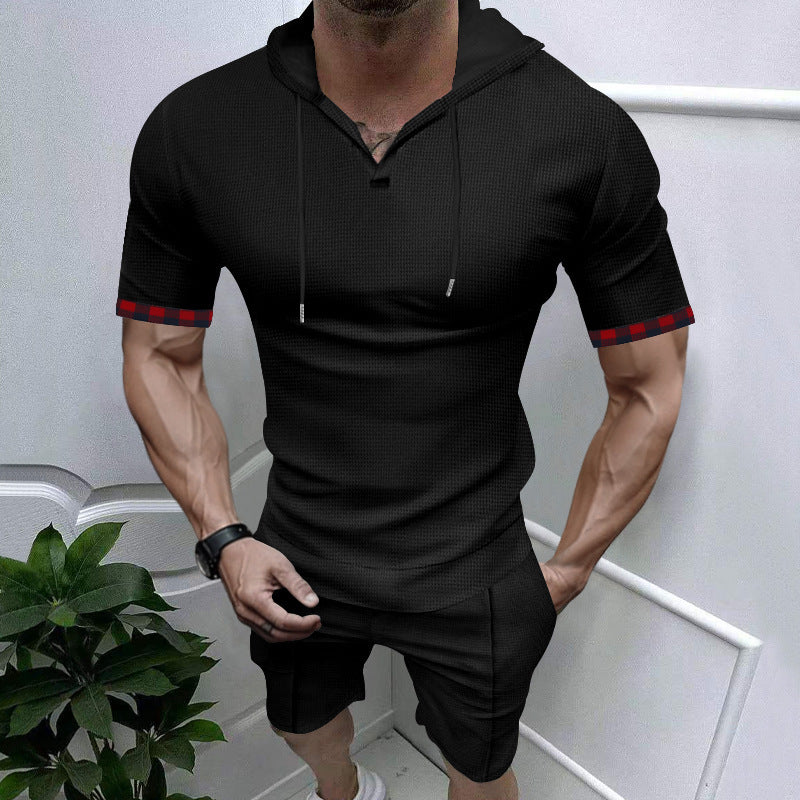 Men's summery hooded lounge set in lightweight waffle texture with short sleeve hoodie Henley opening and comfortable shorts StylebySassy