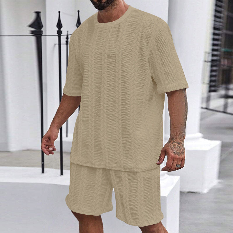Men's relaxed braid-knit leisure set with wide short-sleeve shirt and elastic Bermuda StylebySassy