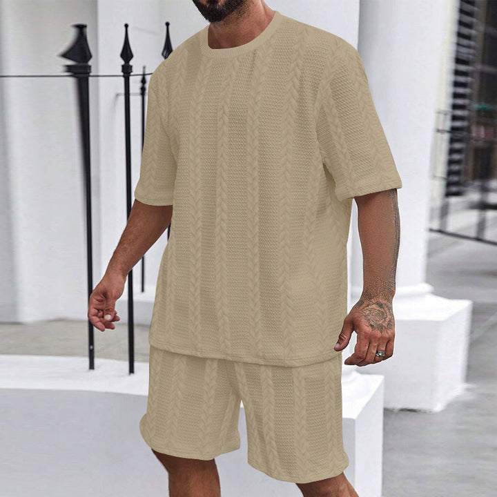 Men's relaxed braid-knit leisure set with wide short-sleeve shirt and elastic Bermuda StylebySassy
