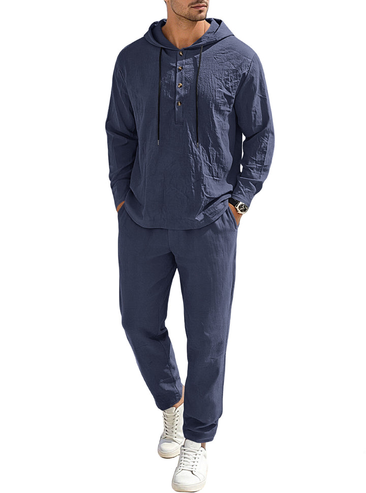 Men's relaxed hoodie Henley leisure suit made of lightweight cotton blend with linen look, featuring drawstring and elastic waistband pants StylebySassy