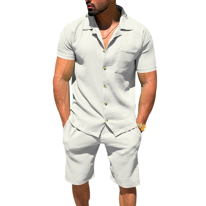 Men's casual two-piece leisure set made of ribbed jersey with shirt collar button placket and shorts StylebySassy