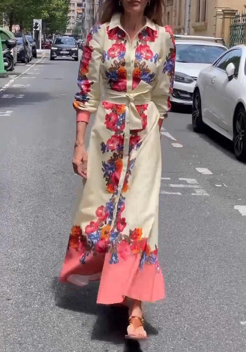 Women's long hem blouse dress with floral print, tie belt, and ruffle trim StylebySassy