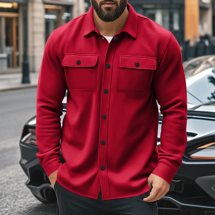 Men's wool blend overshirt jacket with flap pockets, concealed button placket, and shirt collar StylebySassy