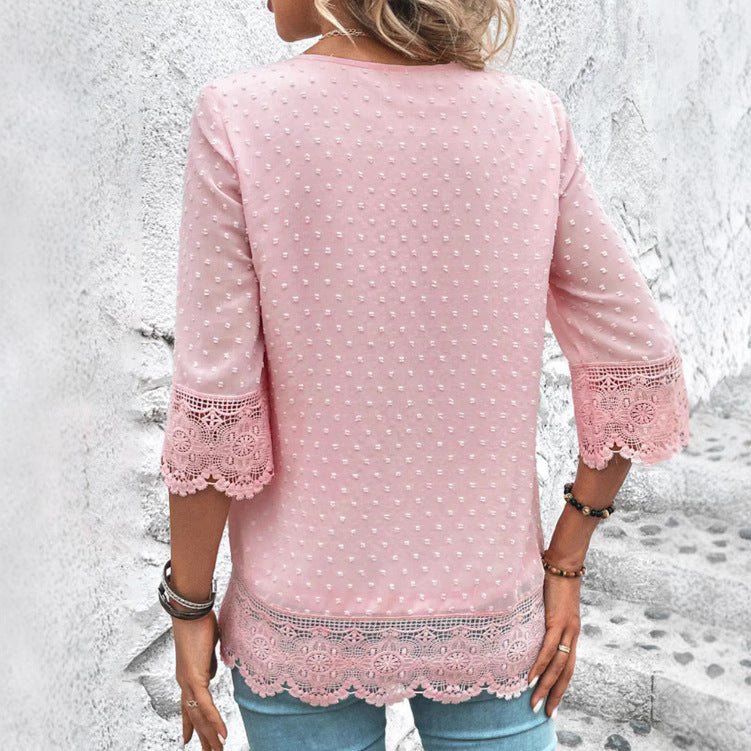 Women nan feminine chiffon tunic with dot relief, V-neck and crochet lace trim StylebySassy