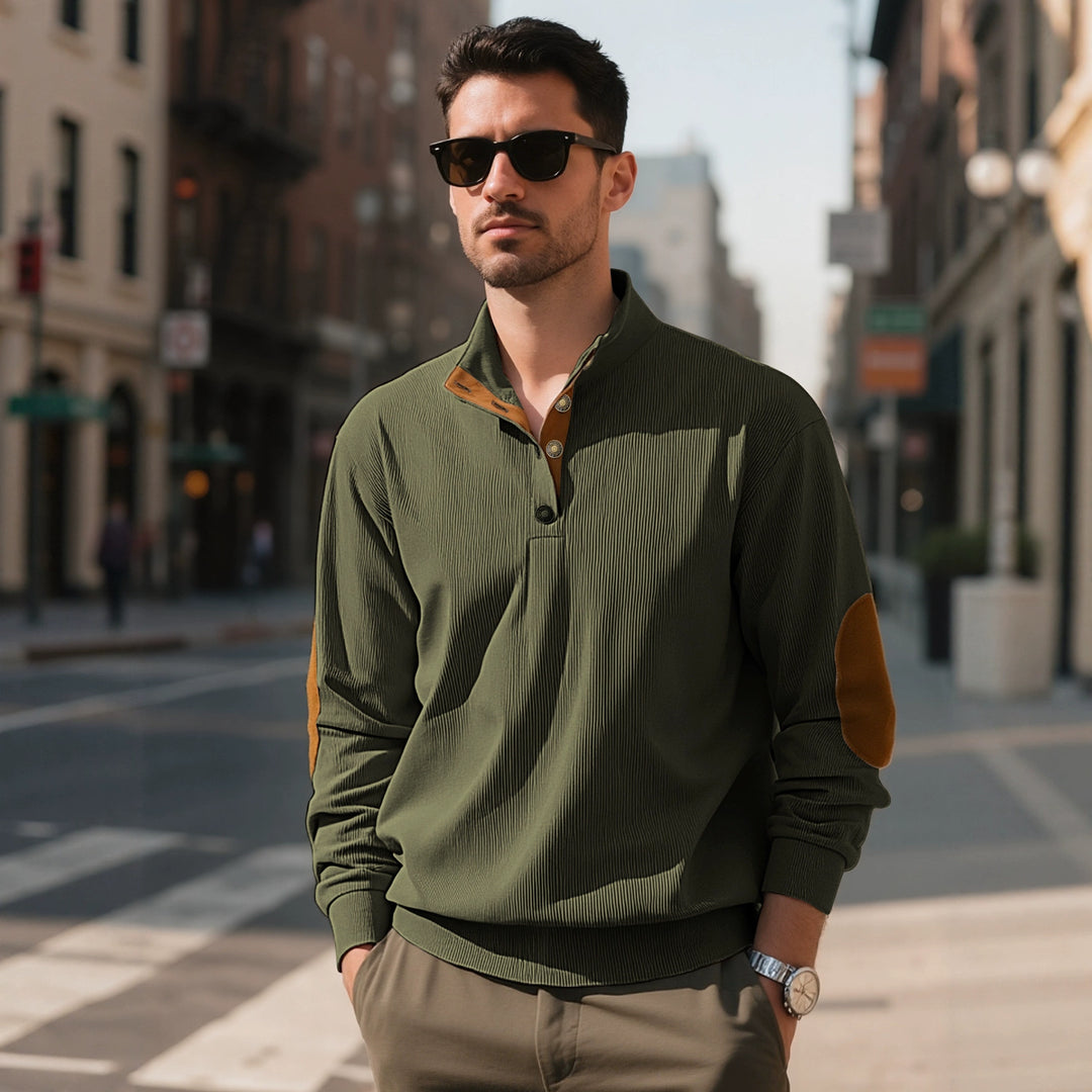 Men's casual structured sweater with polo collar, short button placket and vegan leather trims StylebySassy