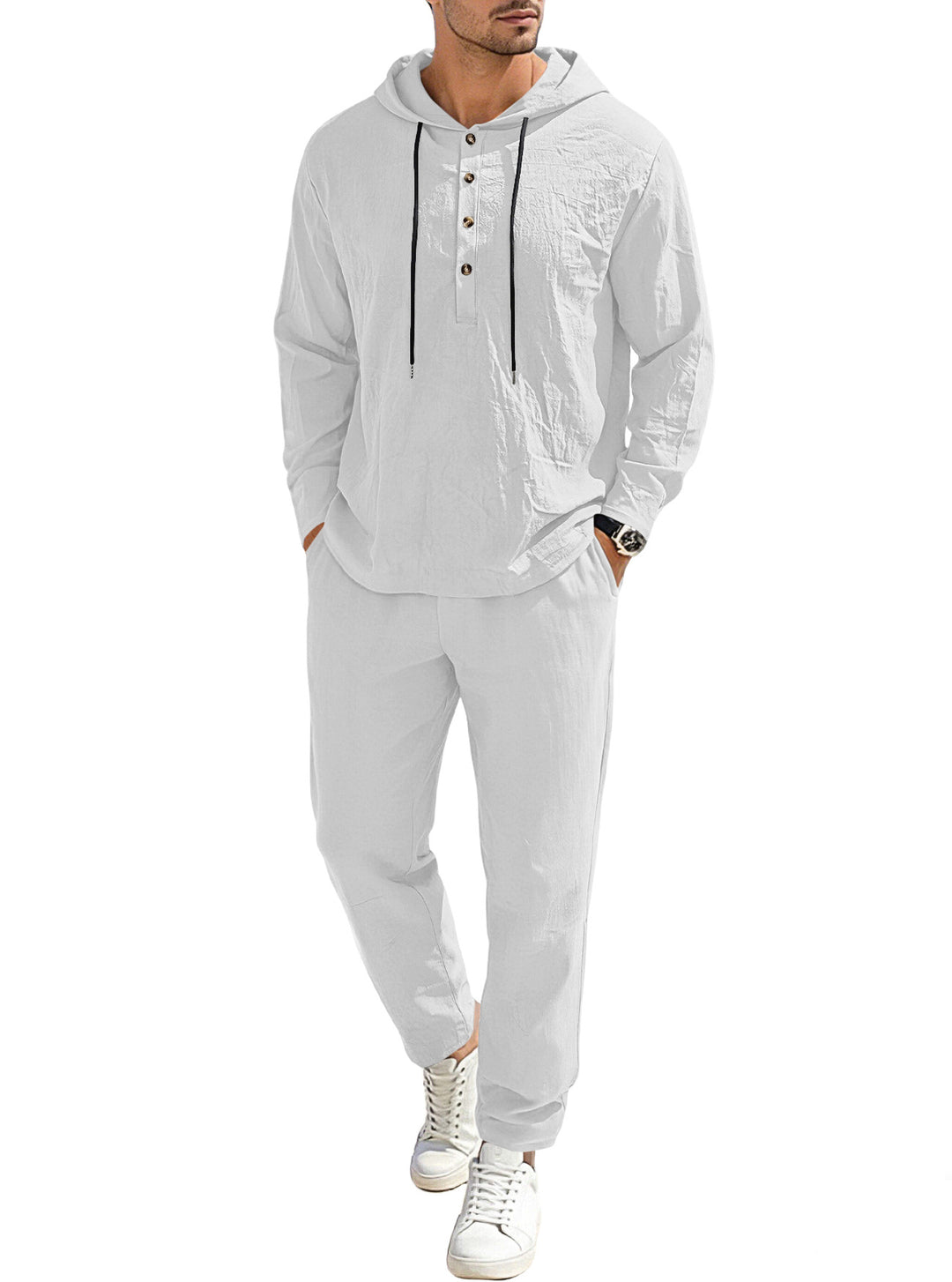 Men's relaxed hoodie Henley leisure suit made of lightweight cotton blend with linen look, featuring drawstring and elastic waistband pants StylebySassy