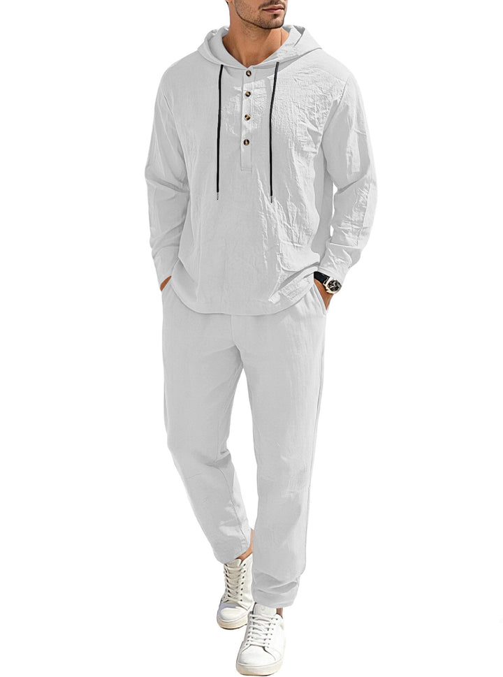 Men's relaxed hoodie Henley leisure suit made of lightweight cotton blend with linen look, featuring drawstring and elastic waistband pants StylebySassy
