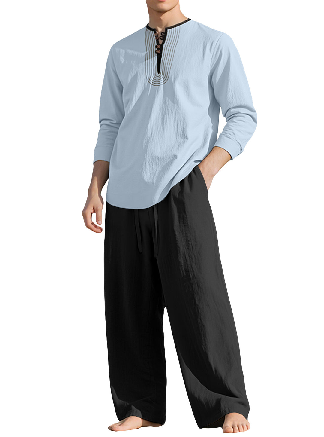 Men's tunic and Palazzo pants set with Henley placket, decorative embroidery and wide cut StylebySassy
