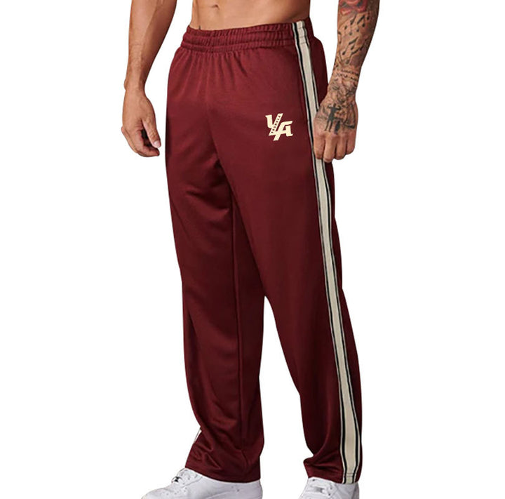 Men's straight-cut training pants with elastic comfort waistband, side double stripe, and thigh logo print StylebySassy