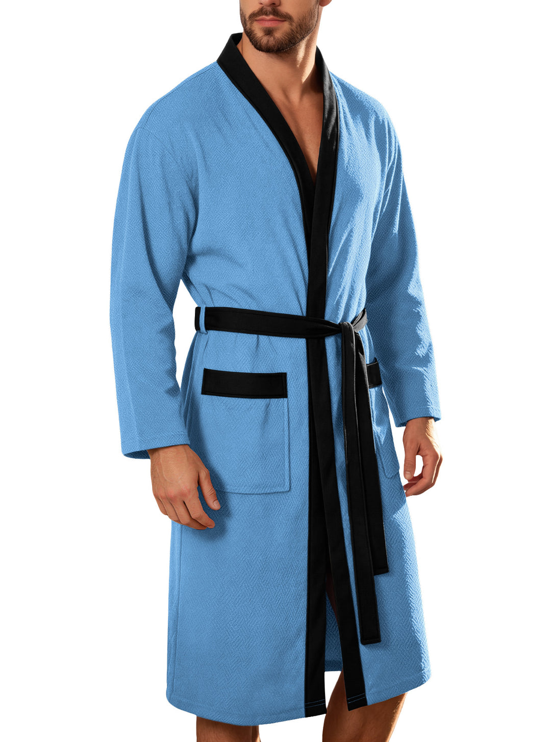 Men's lightweight cotton kimono bathrobe with waffle texture and patch pockets StylebySassy