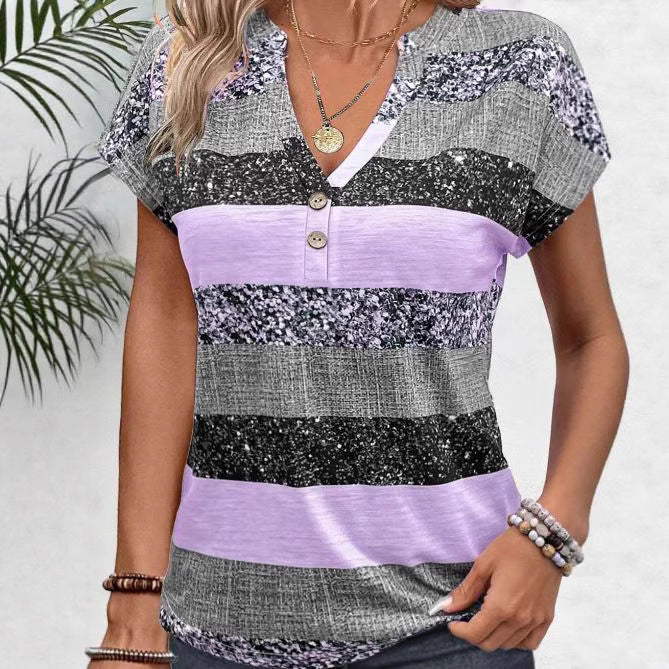 Women's striped viscose blend relaxed shirt with V-neck, rolled sleeves, and decorative button placket StylebySassy