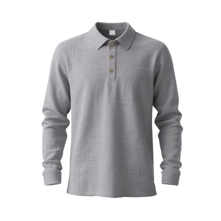 Men's long sleeve polo shirt made of cotton gauze with a shirt collar, three-button placket, and relaxed fit StylebySassy