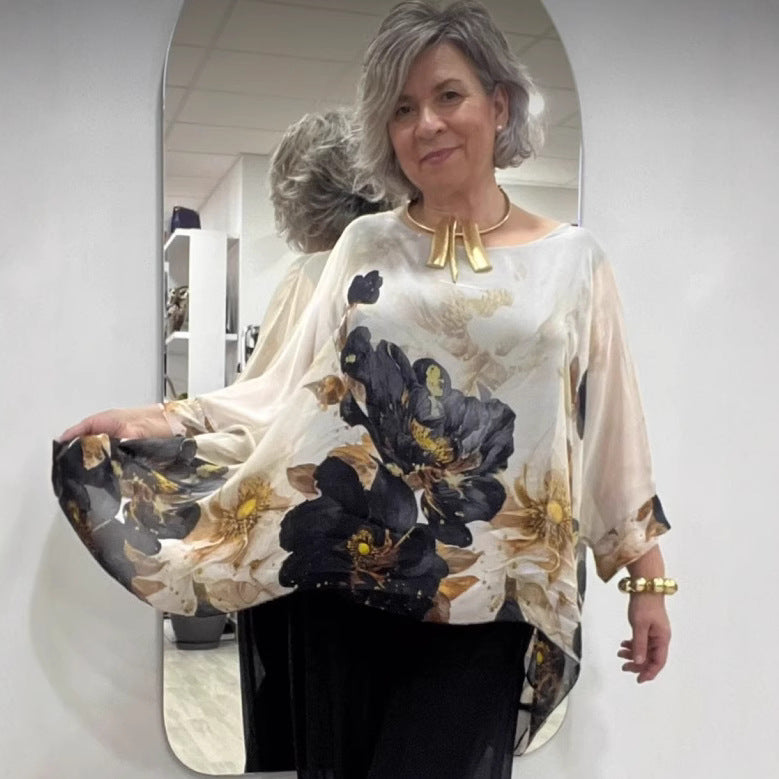 Ladies nan elegant chiffon tunic with bat sleeves and asymmetrical hem StylebySassy