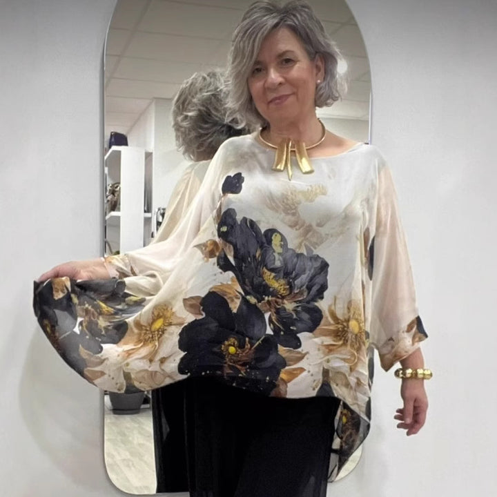 Ladies nan elegant chiffon tunic with bat sleeves and asymmetrical hem StylebySassy