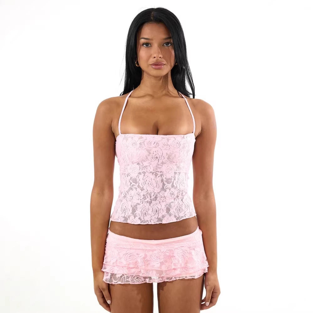 Ladies Spaghetti Strap Crop Top with Lace Pattern StylebySassy