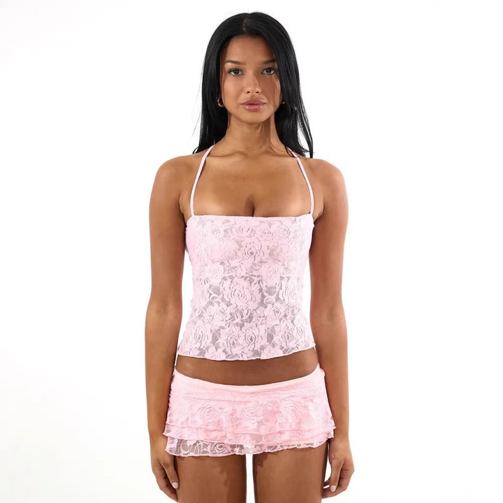 Ladies Spaghetti Strap Crop Top with Lace Pattern StylebySassy