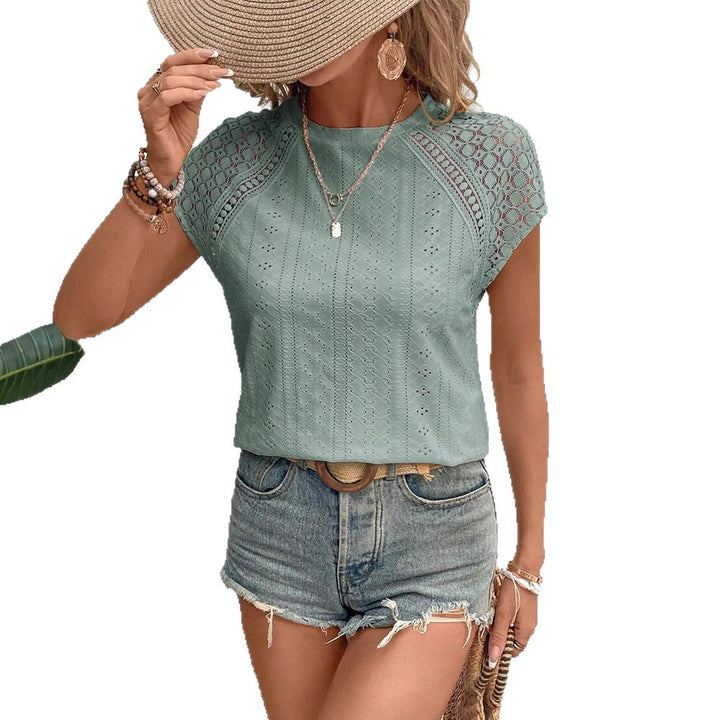 Women’s lightweight hole embroidery blouse with crochet sleeves and round neckline StylebySassy