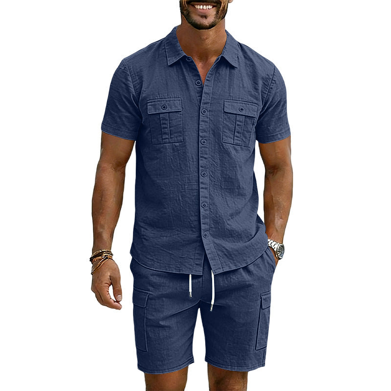 Men's summer short-sleeve shirt and cargo bermuda set made of linen blend with chest pockets and drawstring waistband StylebySassy