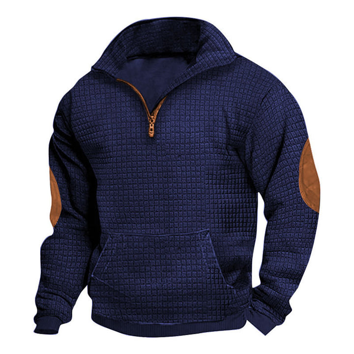 Men's structured half-zip pullover with kangaroo pocket and elbow patch StylebySassy