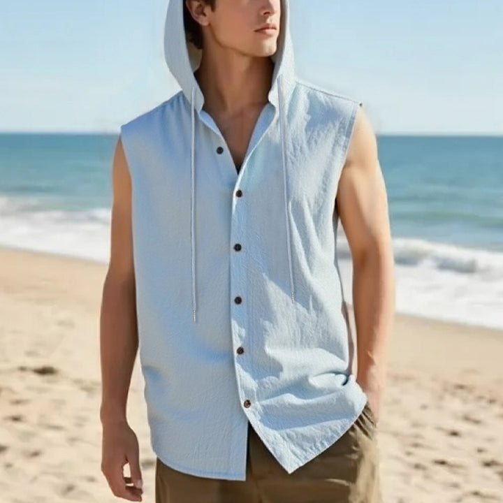 Men's sleeveless hooded shirt in linen look with wooden button placket StylebySassy