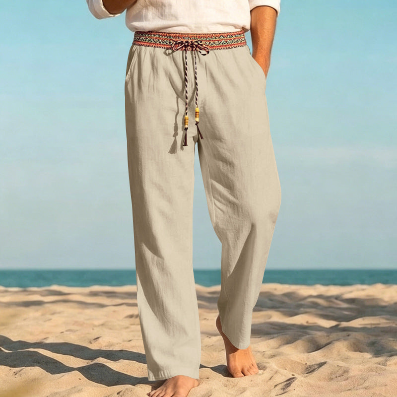 Men's summer relaxed pants with woven decorative waistband and straight leg StylebySassy