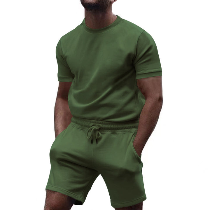 Men's minimalist jersey ensemble with comfortable round neck shirt and elastic drawstring shorts StylebySassy