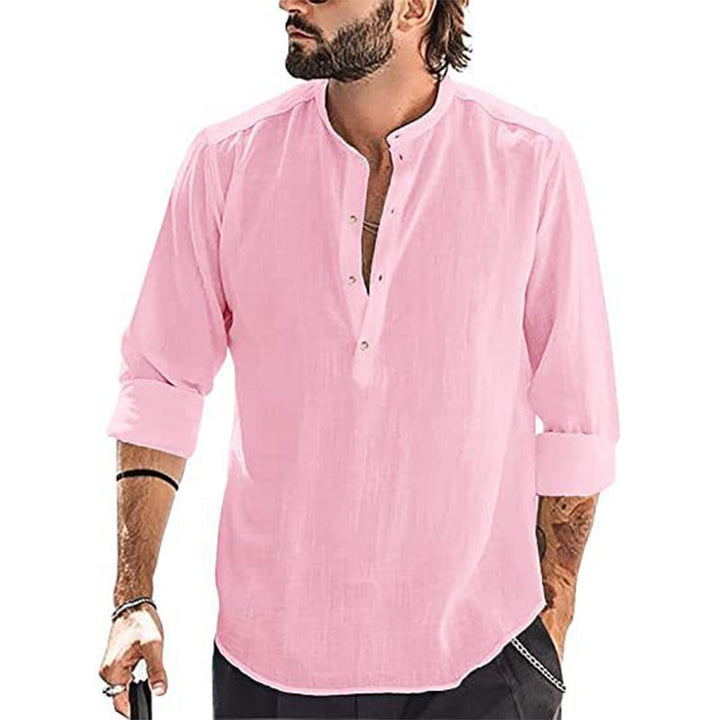 Men's relaxed long sleeve Henley shirt made of breathable linen blend with stand-up collar StylebySassy
