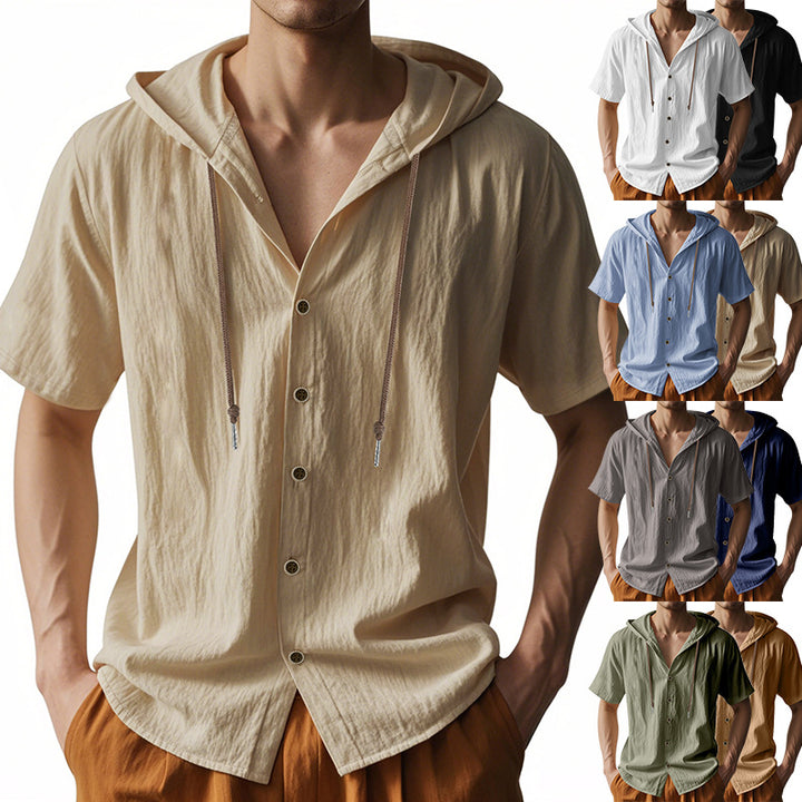 Men's lightweight short-sleeve hooded shirt with button placket and breathable cotton blend StylebySassy