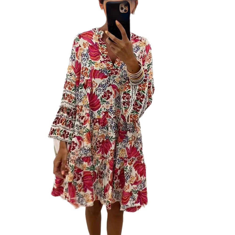Women playful tunic tiered dress with deep V-neck, ruched bodice, ruffled tiers and ornamental embroidery trim StylebySassy