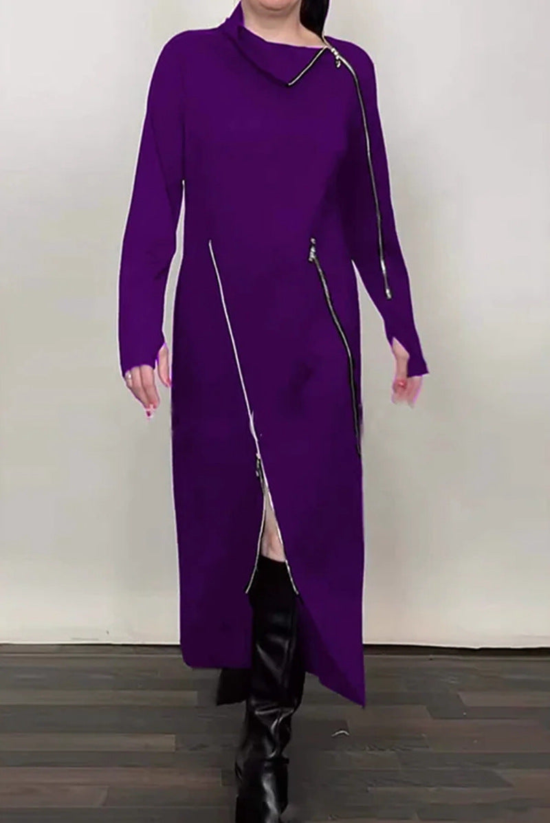 Women's Long Knit Dress with Asymmetric Metal Zippers and Front Slit StylebySassy