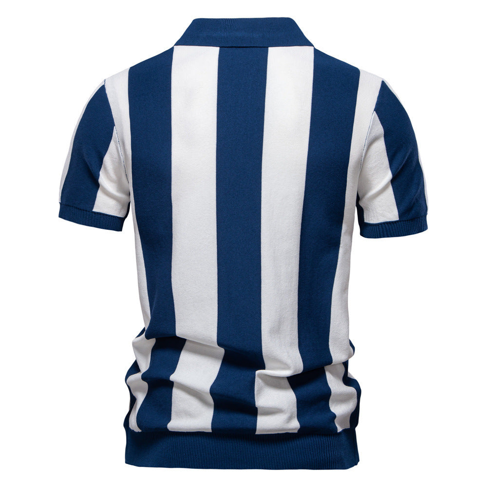 Men's short-sleeved fine knit half-zip polo with distinctive block stripes and Kent collar StylebySassy